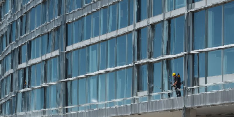 Large commercial building facade cleaning with high-pressure washing