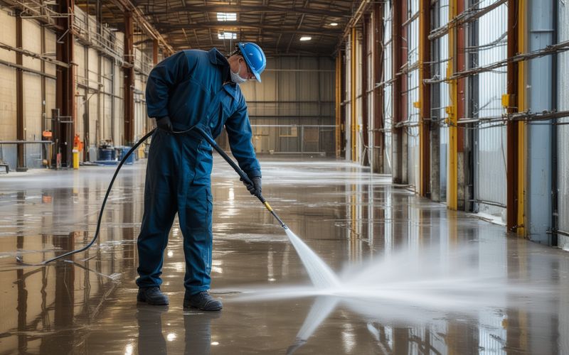 Industrial warehouse cleaning showing professional pressure washing service