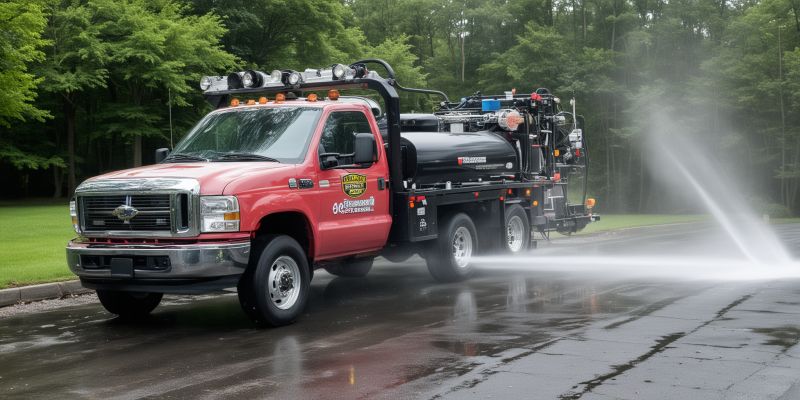 Company truck and pressure washing equipment in professional setting