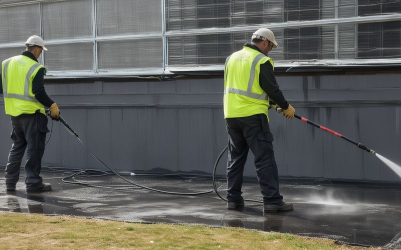 Professional pressure washing team working together on commercial project