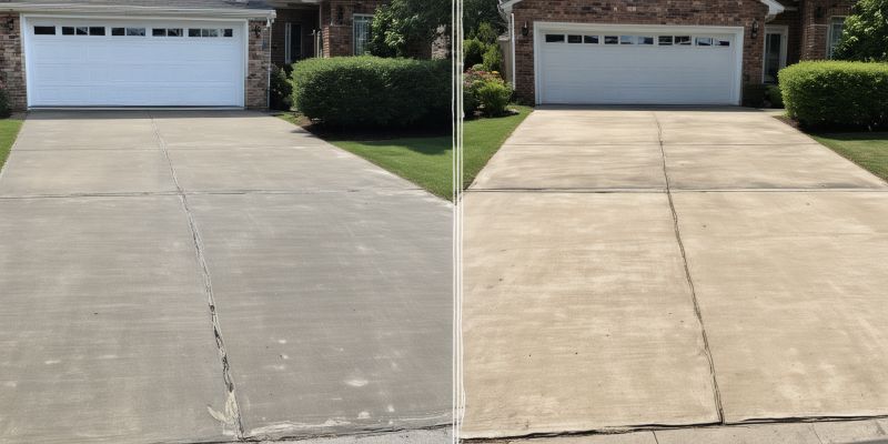 Residential driveway cleaning showing transformation from dirty to clean concrete