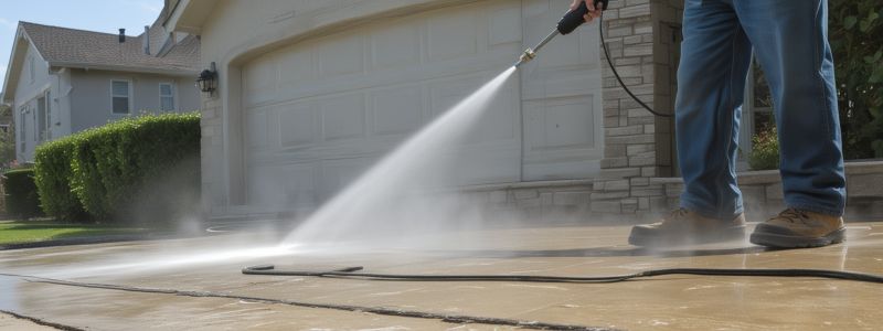 Professional pressure washing equipment in action cleaning concrete driveway