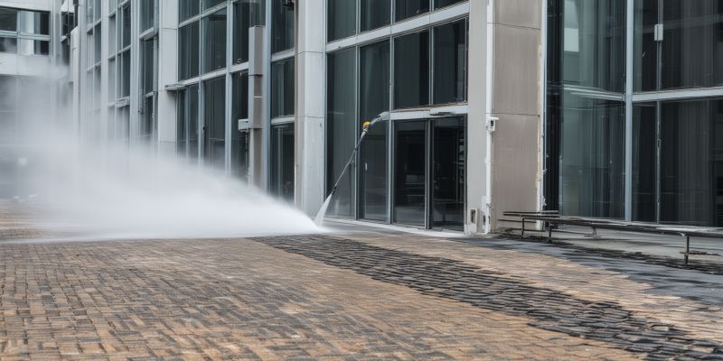 Commercial building exterior cleaning with professional pressure washing