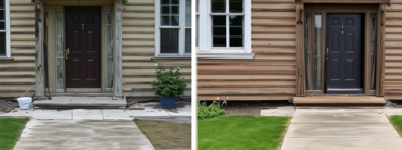 Before and after comparison of house exterior pressure washing project