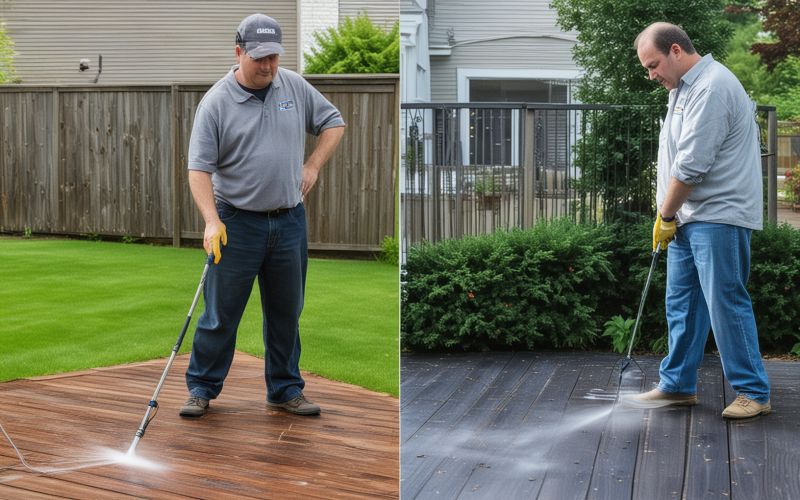 Deck and patio cleaning service demonstration with pressure washing